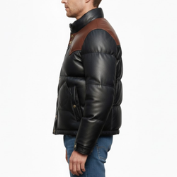 Men's Black And Brown Leather Puffer Bomber Winter Jacket