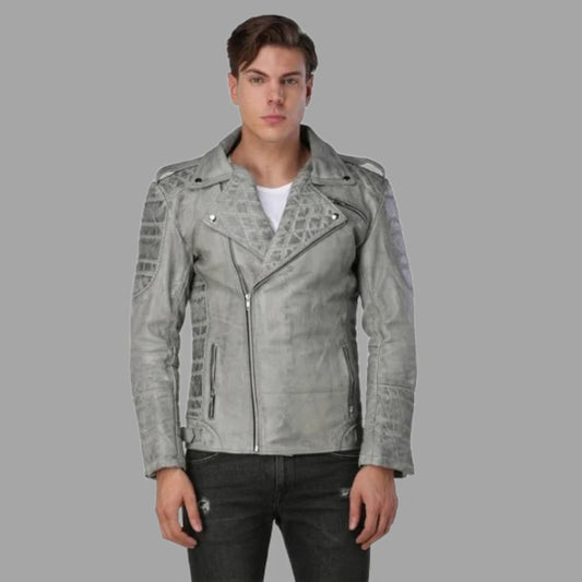 Mens Designer Grey Vintage Biker Leather Jacket Mans