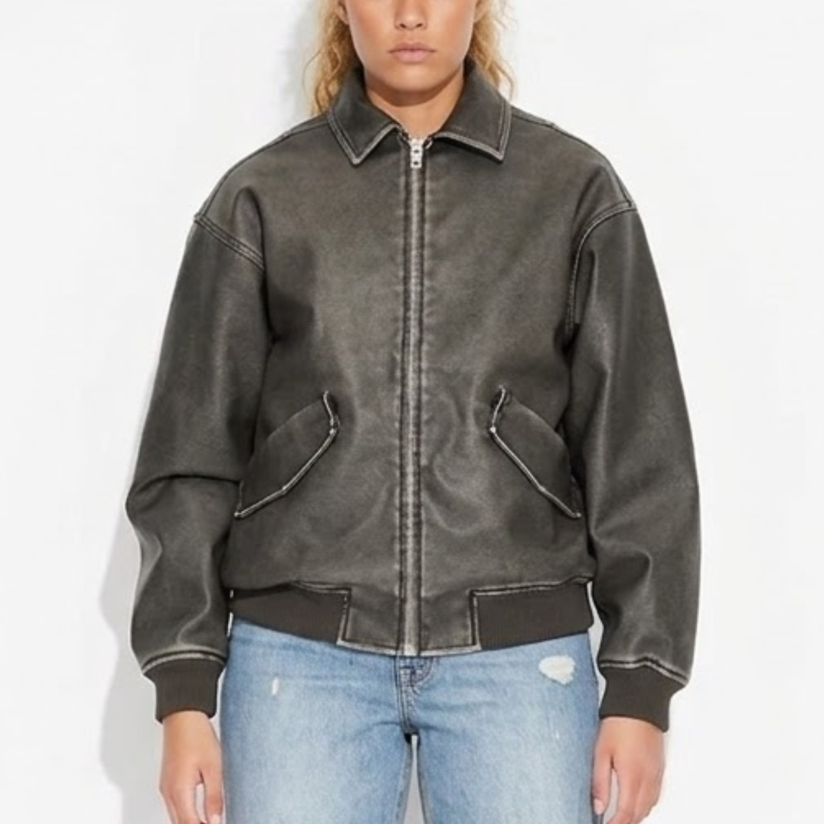 Womens Distressed Black Leather Jacket - Vintage Style Aviator Bomber Coat - Winter Coat