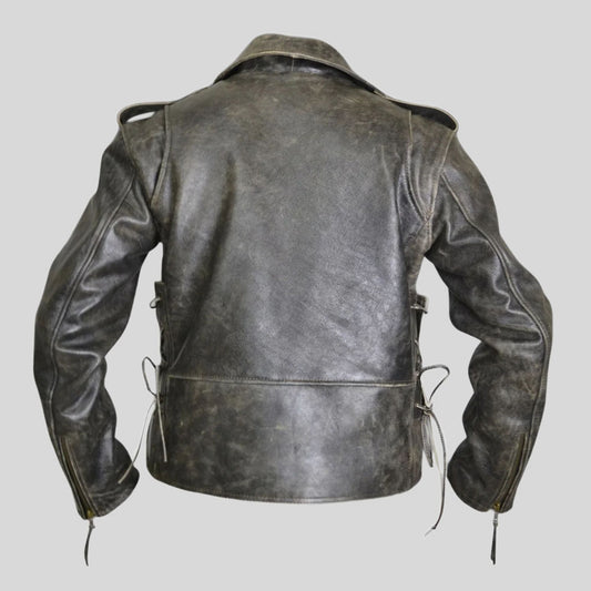 Side Lace-up Vintage Distress Motorcycle Biker Leather Jacket (CL-12)