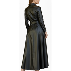 Women's Black Sheepskin Leather Belted Style Dress Outfit Trench Coat