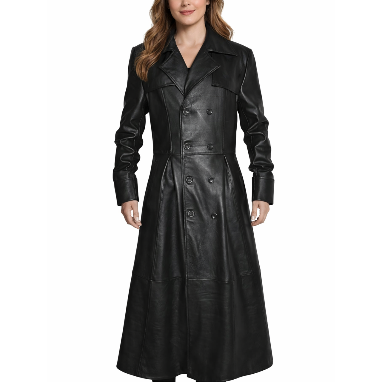 Womens Black Leather Double Breasted Long Trench Coat