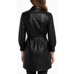 Women's Black Real Leather New Shirt Style Belted Coat