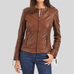 Women's Brown Geniune Lambskin Cafe Racer Slim-Fit Leather Jacket