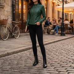 Women's Green Leather Motot Jacket - Cafe Racer Style Jacket