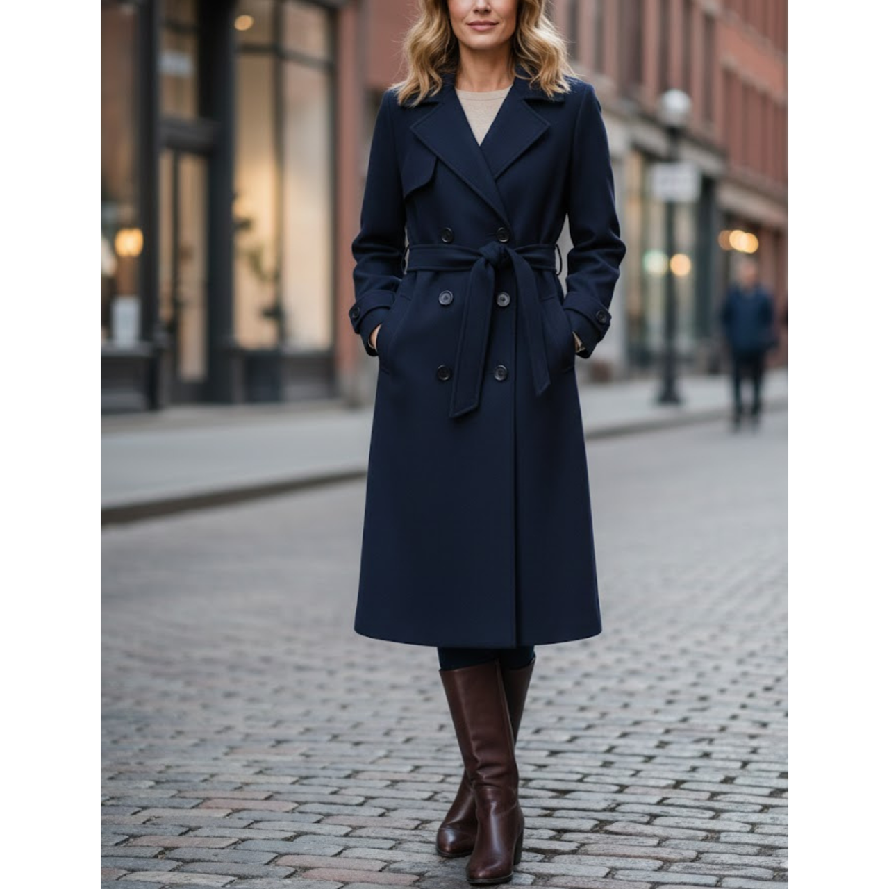 Women’s Navy Premium Wool Double-Breasted Long Trench Coat