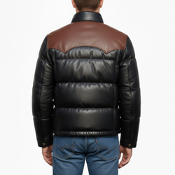 Men's Black And Brown Leather Puffer Bomber Winter Jacket