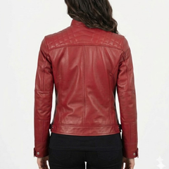 Women Cognac Antique Brown Quilted Cafe Racer Leather Jacket