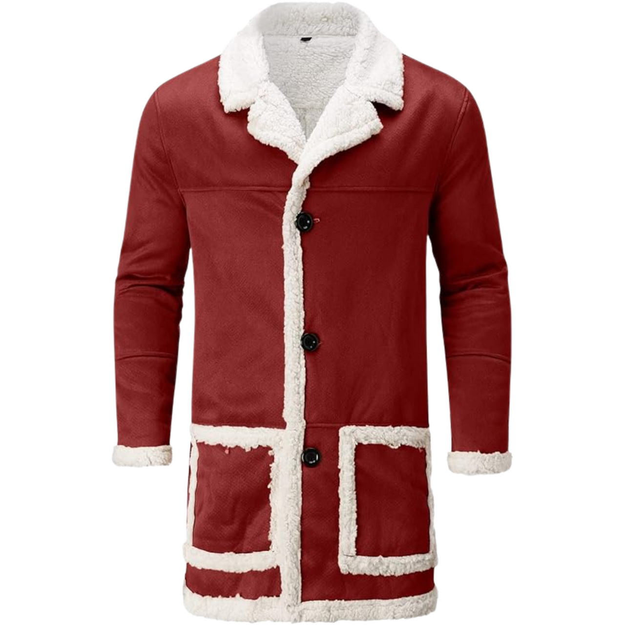 Men's Santa Claus Christmas Sherpa Fur Long Red Wool Trench Coat