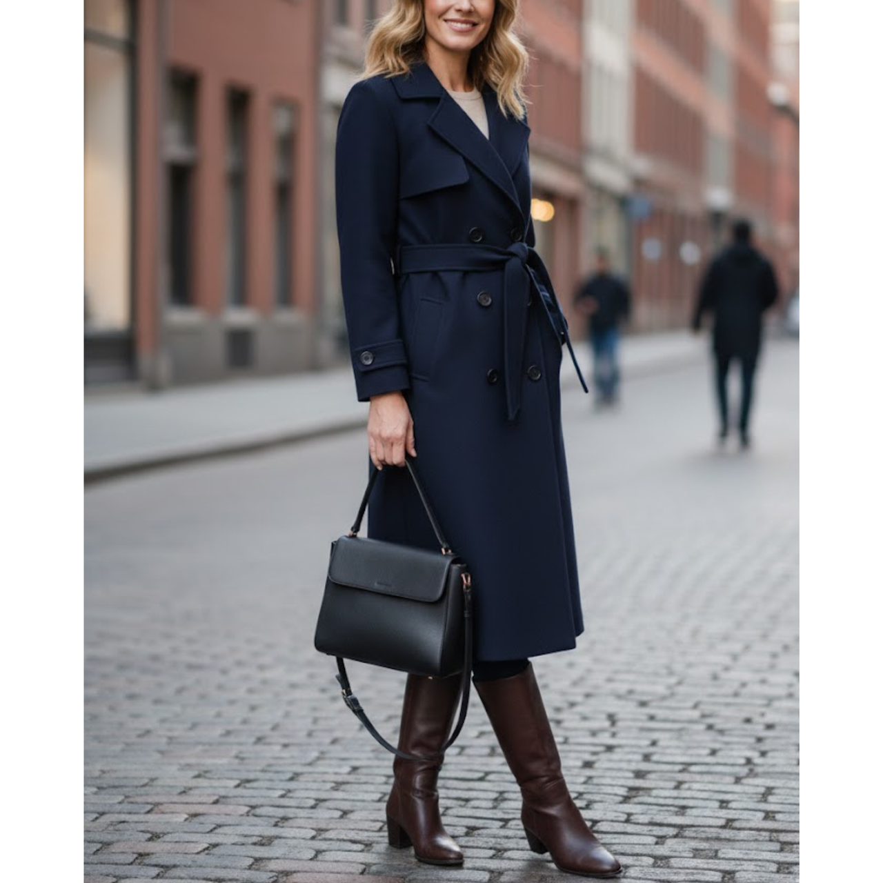 Women’s Navy Premium Wool Double-Breasted Long Trench Coat