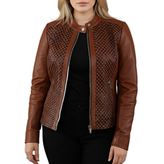 Womens Brown Real Sheepskin Leather Quilted Patterned Jacket