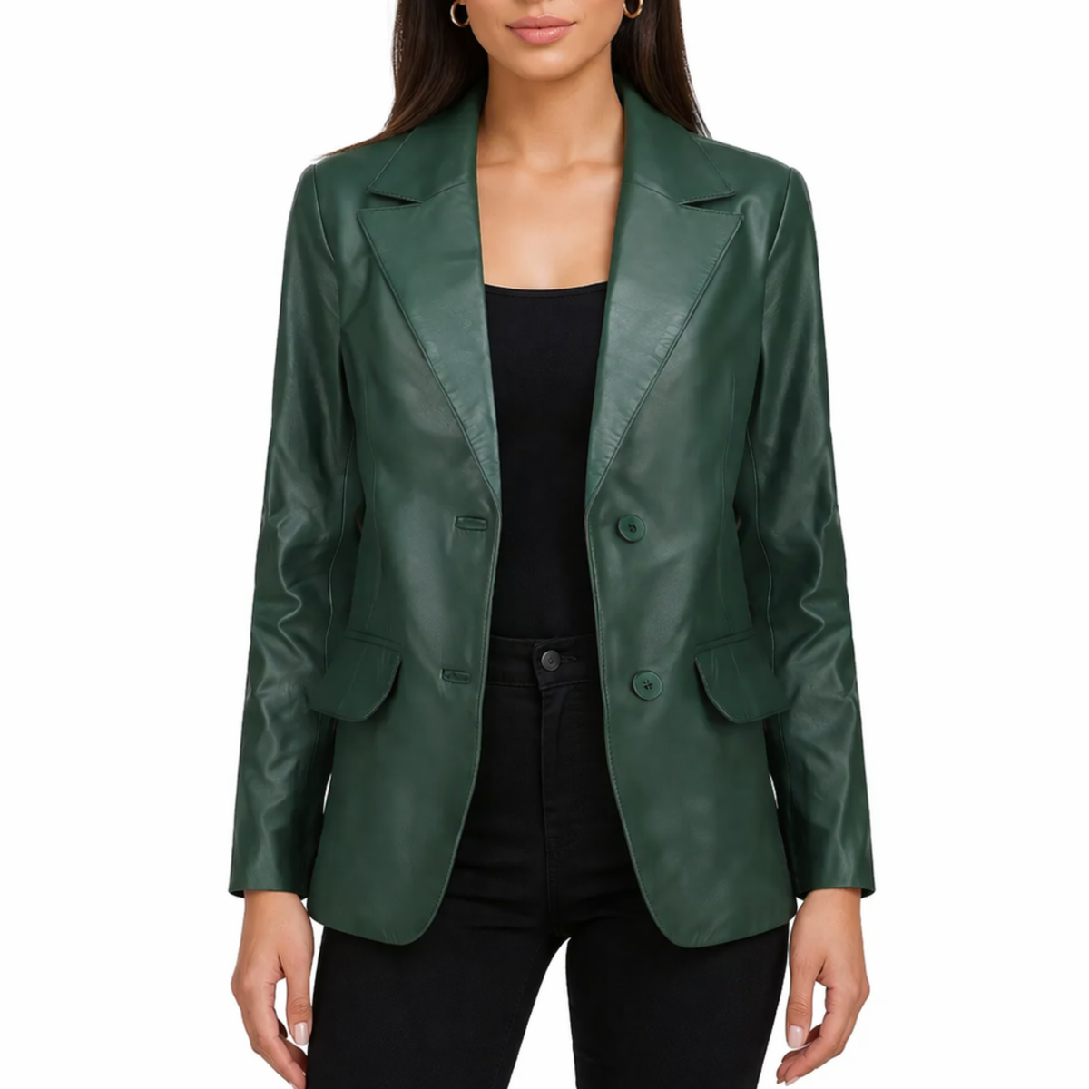 Women's Green Lambskin Leather Slim Fit Blazer
