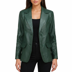 Women's Green Lambskin Leather Slim Fit Blazer