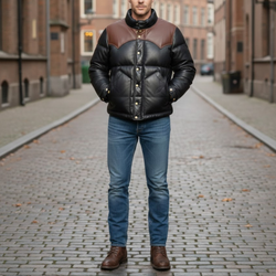 Men's Black And Brown Leather Puffer Bomber Winter Jacket