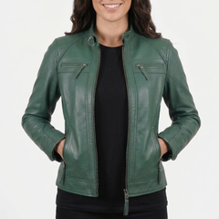 Women Cognac Antique Brown Quilted Cafe Racer Leather Jacket