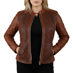Womens Brown Real Sheepskin Leather Quilted Patterned Jacket