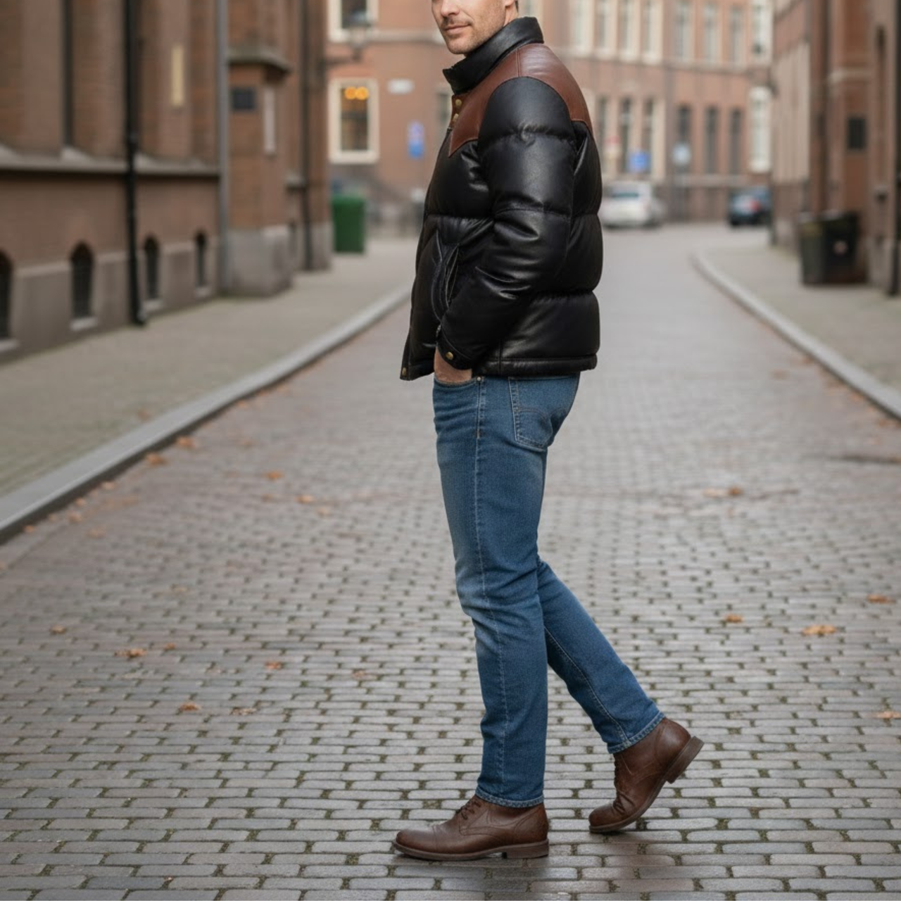 Men's Black And Brown Leather Puffer Bomber Winter Jacket