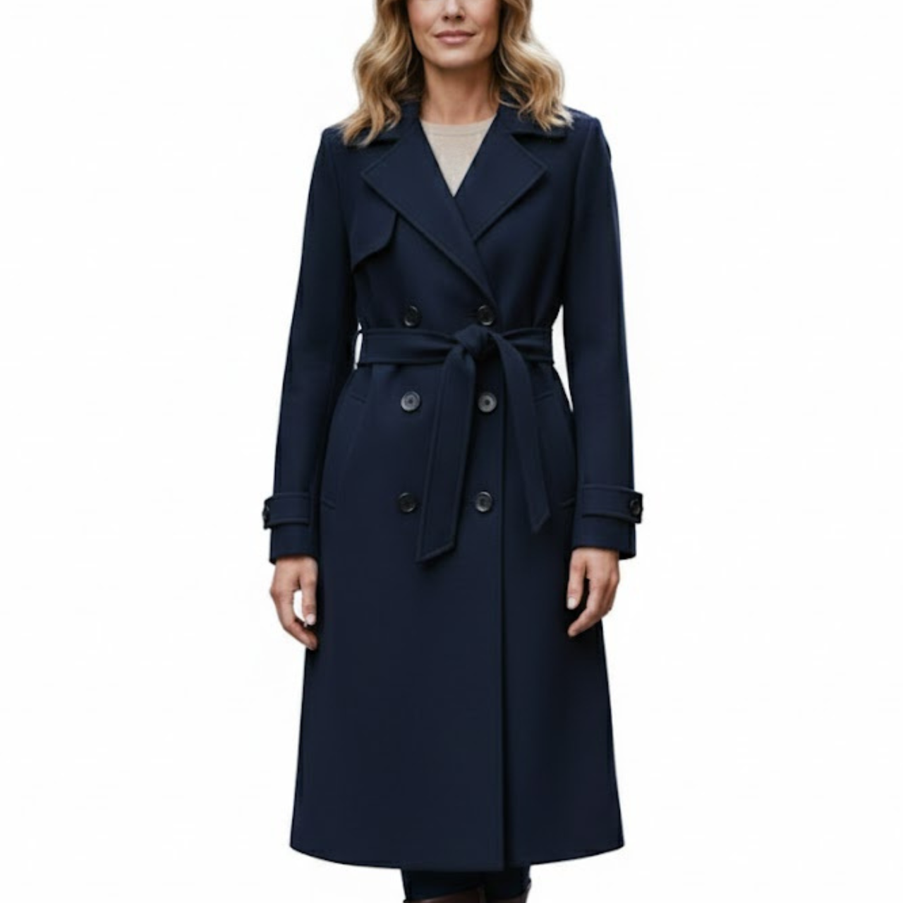 Women’s Navy Premium Wool Double-Breasted Long Trench Coat