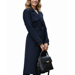 Women’s Navy Premium Wool Double-Breasted Long Trench Coat