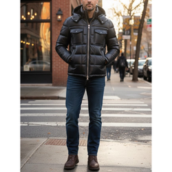 Men's Black Vintage Leather Puffer Hooded Bomber Winter Jacket