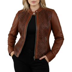 Womens Brown Real Sheepskin Leather Quilted Patterned Jacket