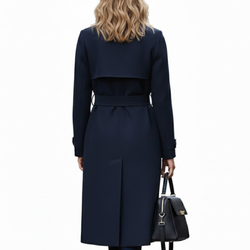 Women’s Navy Premium Wool Double-Breasted Long Trench Coat