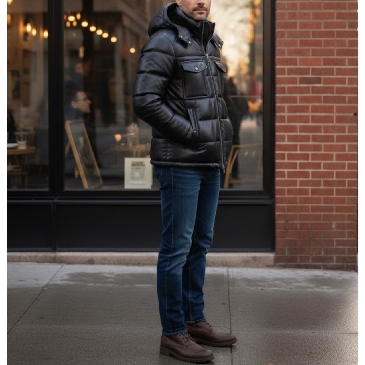 Men's Black Vintage Leather Puffer Hooded Bomber Winter Jacket