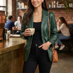 Women's Green Lambskin Leather Slim Fit Blazer