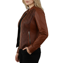 Womens Brown Real Sheepskin Leather Quilted Patterned Jacket