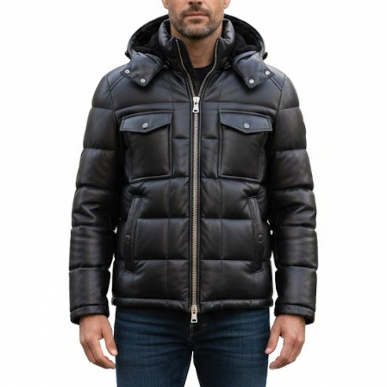 Men's Black Vintage Leather Puffer Hooded Bomber Winter Jacket
