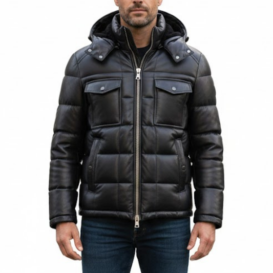 Men's Black Vintage Leather Puffer Hooded Bomber Winter Jacket