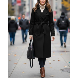 Women’s Black Premium Wool Double-Breasted Long Trench Coat