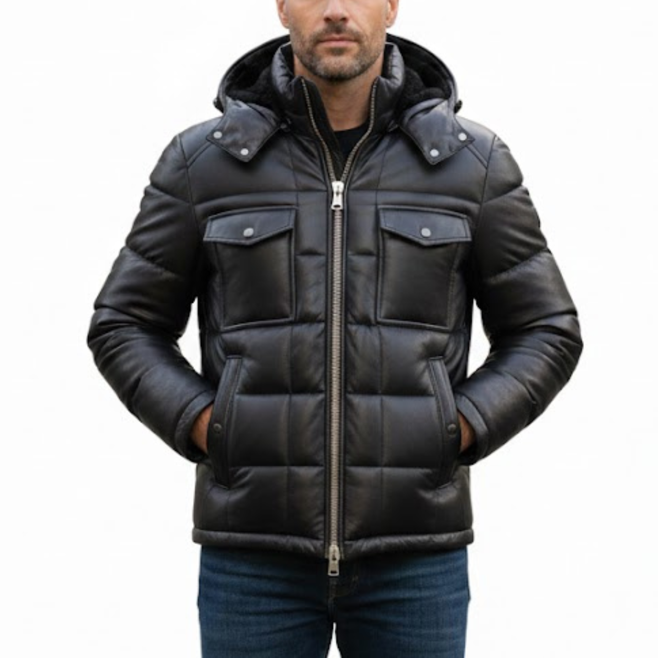 Men's Black Vintage Leather Puffer Hooded Bomber Winter Jacket
