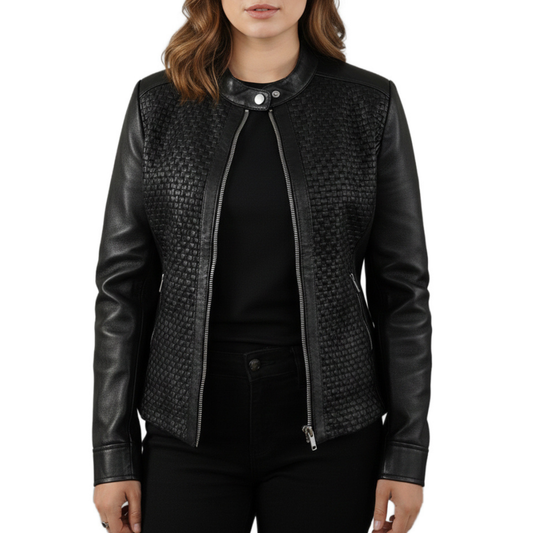 Womens Black Real Sheepskin Leather Quilted Patterned Jacket