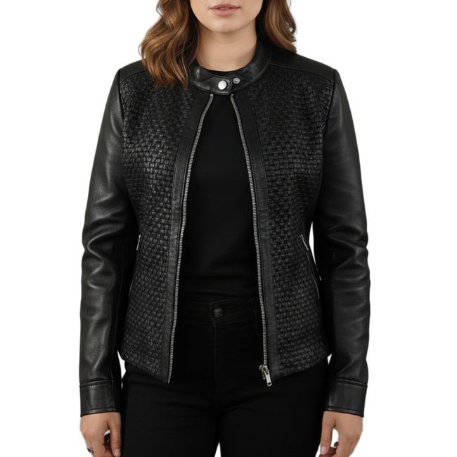 Womens Black Real Sheepskin Leather Quilted Patterned Jacket