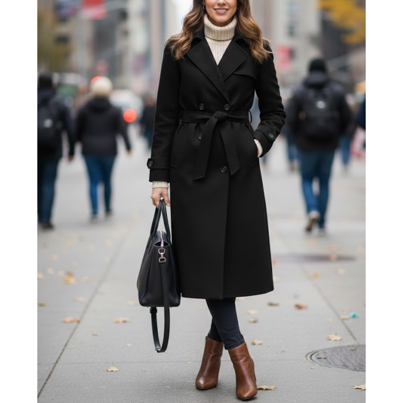 Women’s Black Premium Wool Double-Breasted Long Trench Coat