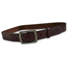 Antique brown genuine leather adjustable belt with a metallic buckle.