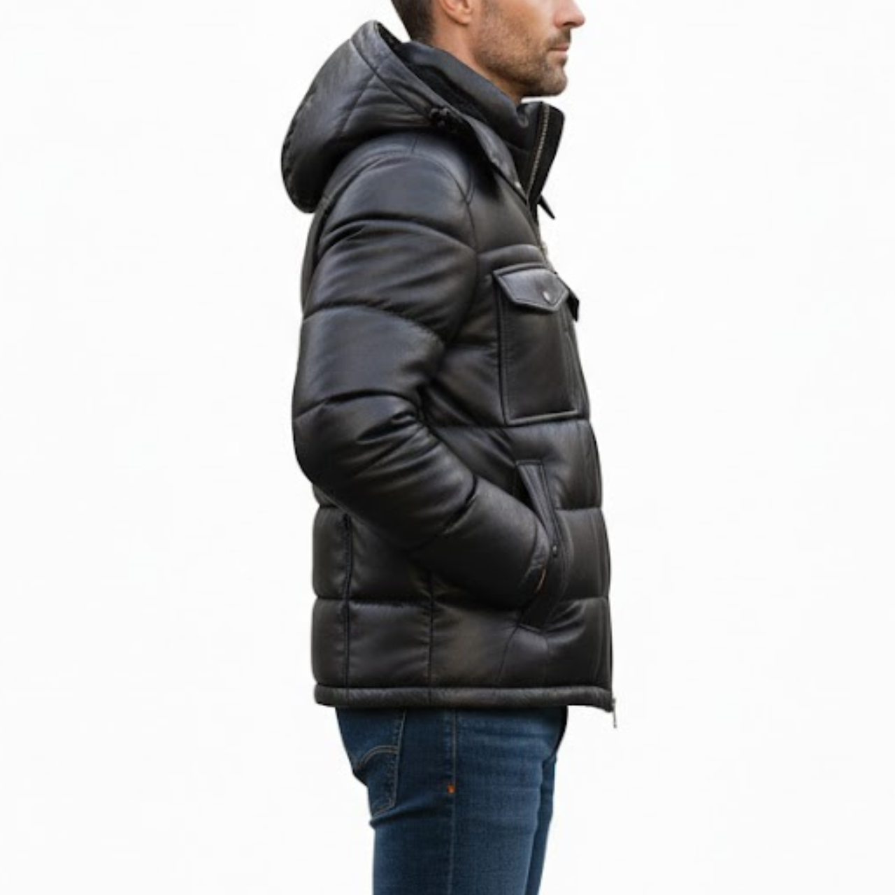 Men's Black Vintage Leather Puffer Hooded Bomber Winter Jacket