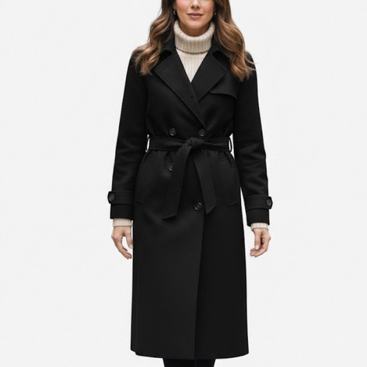 Women’s Black Premium Wool Double-Breasted Long Trench Coat