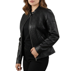 Womens Black Real Sheepskin Leather Quilted Patterned Jacket