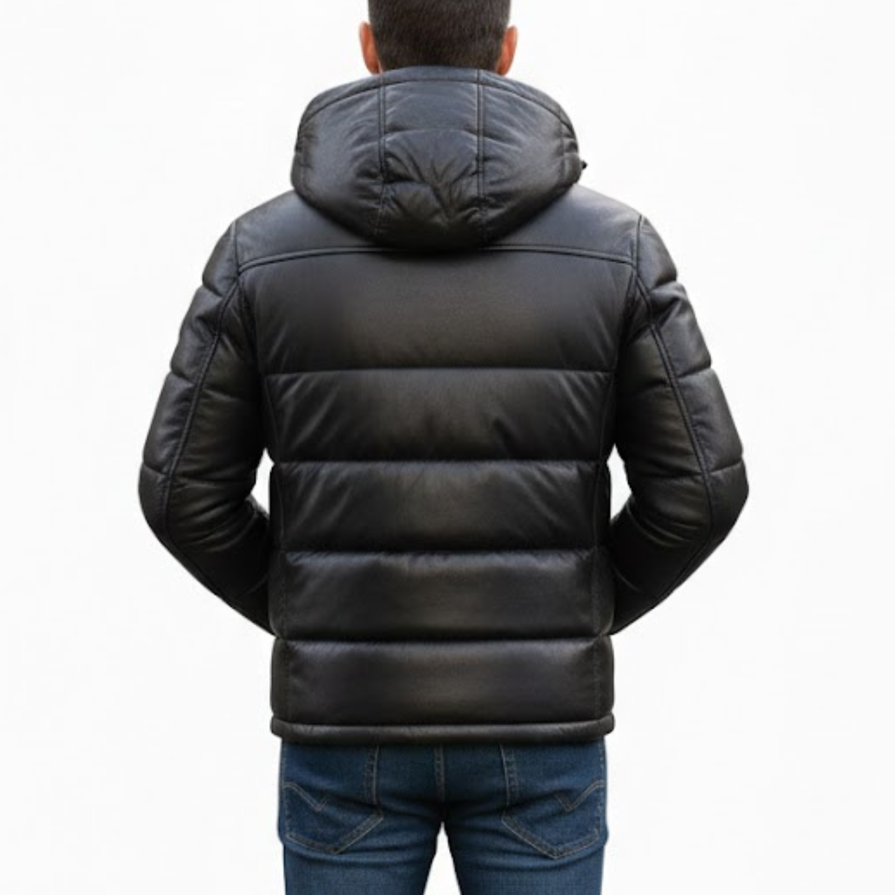 Men's Black Vintage Leather Puffer Hooded Bomber Winter Jacket