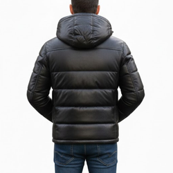 Men's Black Vintage Leather Puffer Hooded Bomber Winter Jacket