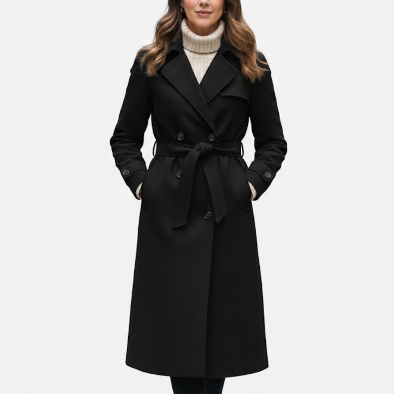 Women’s Black Premium Wool Double-Breasted Long Trench Coat