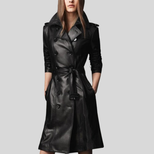 Women Slim Fit Black Double Breasted Trench Leather Coat