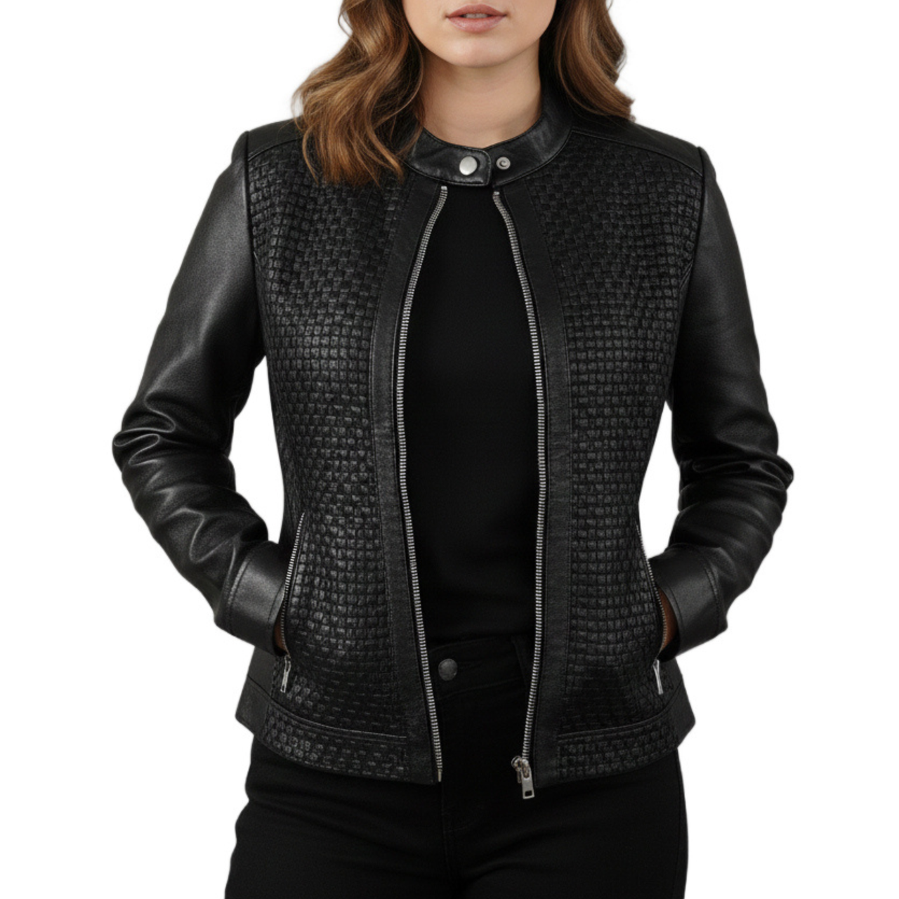 Womens Black Real Sheepskin Leather Quilted Patterned Jacket