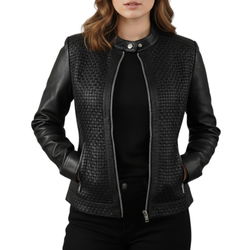 Womens Black Real Sheepskin Leather Quilted Patterned Jacket