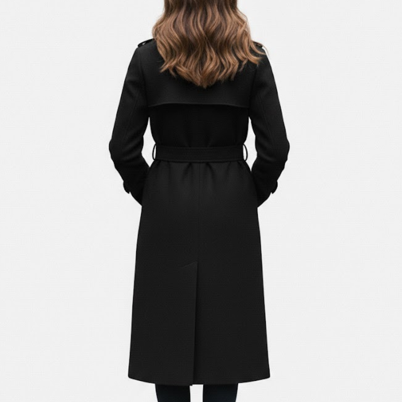 Women’s Black Premium Wool Double-Breasted Long Trench Coat