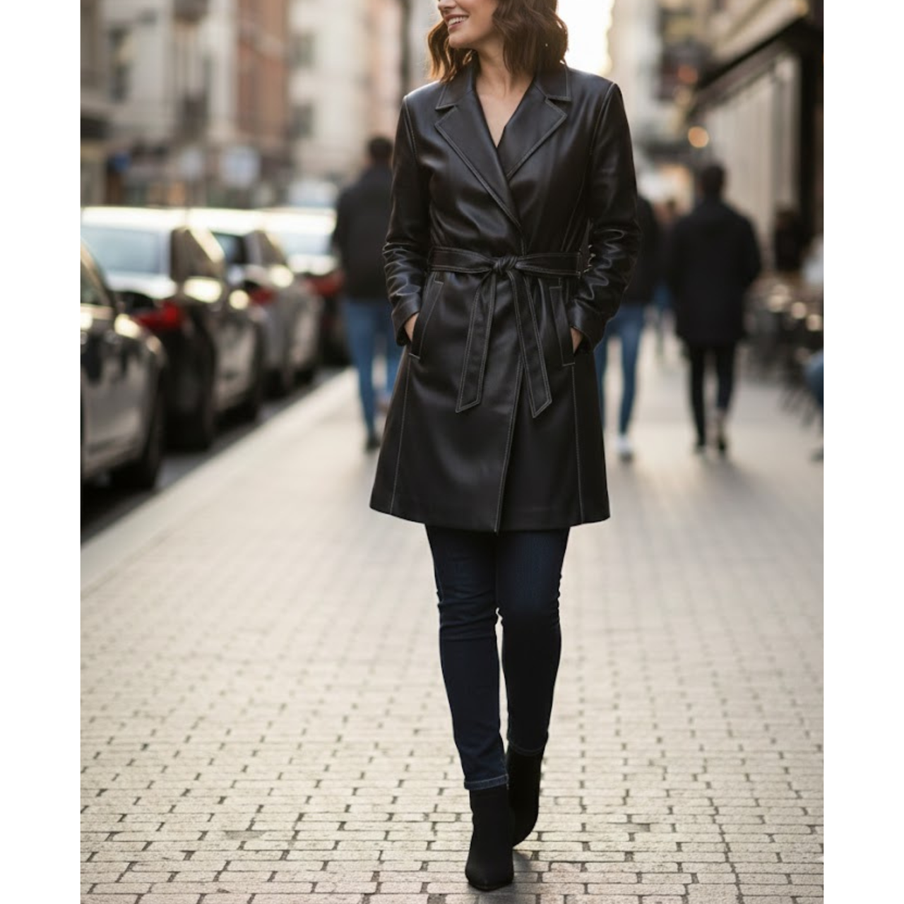 Women's Stylish Black Leatehr Belted Style Coat Blazer