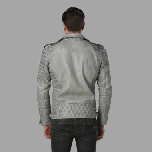 Mens Designer Grey Vintage Biker Leather Jacket Mans