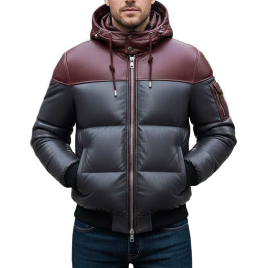Men’s Two Tone Bubble Quilted Winter Puffer Hooded Bomber Jacket